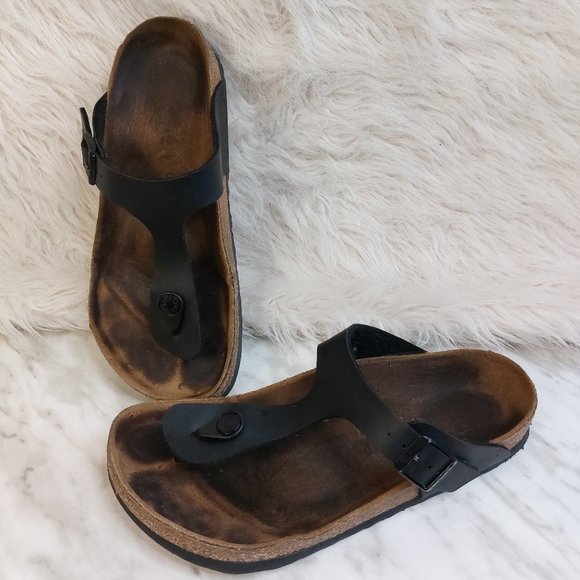 Birkenstock Women's Black Leather Gizeh Birki-Nubuck Mocha Thong Sandals EU 37 - Picture 1 of 9